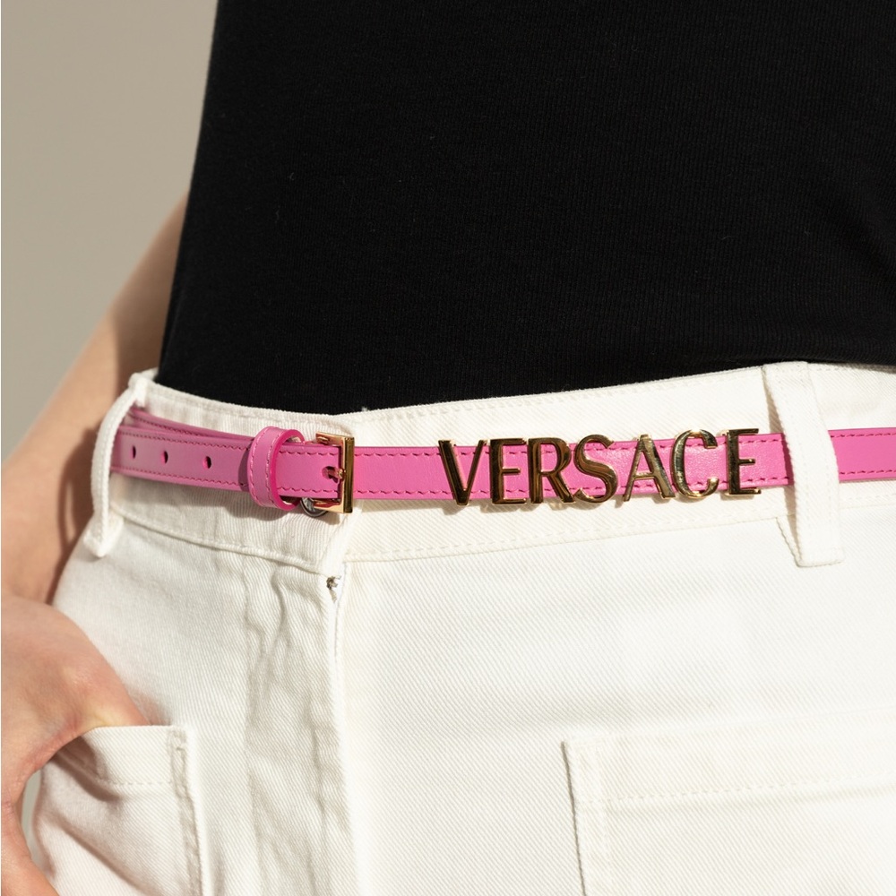New Authentic luxury Versace Pink Leather Logo Belt Pink and Gold